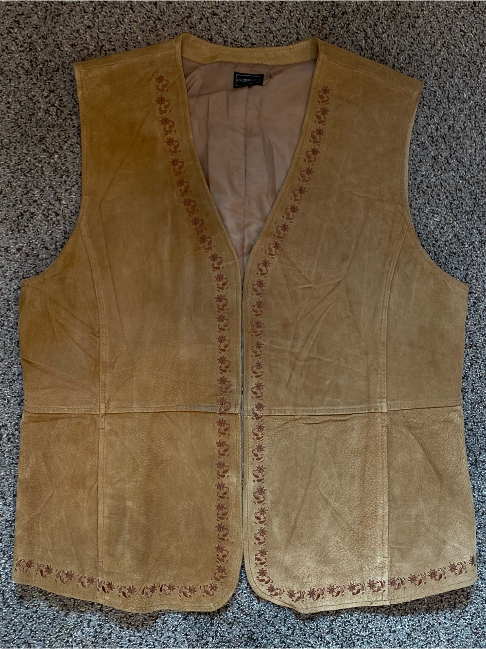 Vintage 90s Tan Suede Leather Vest L Brown Fall Leaves Embroidered Design